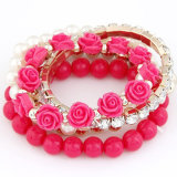 Pink Bead and Pink Rose with Crystal Bracelet