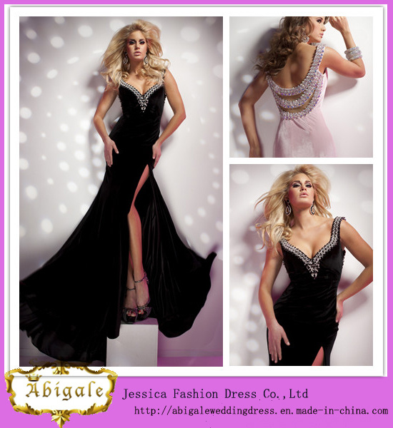 High Quality Brand Name Sexy Sheath Sweetheart Backless Beaded Velvet Evening Dress with High Side Open Slit (MN1801)