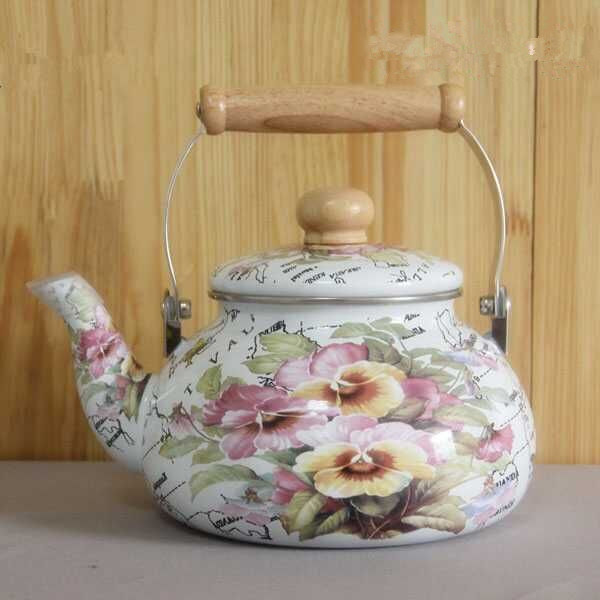 Various Decal Enamel Teapot with Wood Handle