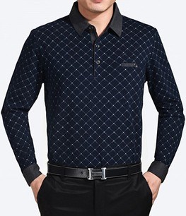 Gentlemen's Blue Lapel Business Checked Cotton T Shirt