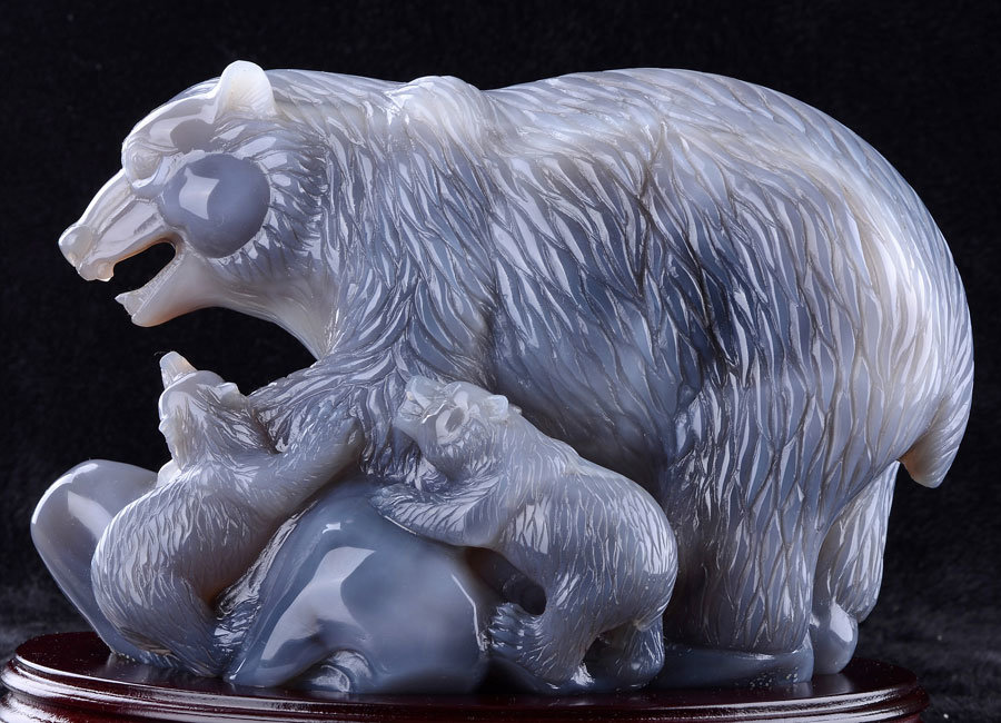 Natural Grey Agate Carved Bear Mom&Kids Sculpture, Seagate Carving (Q88)