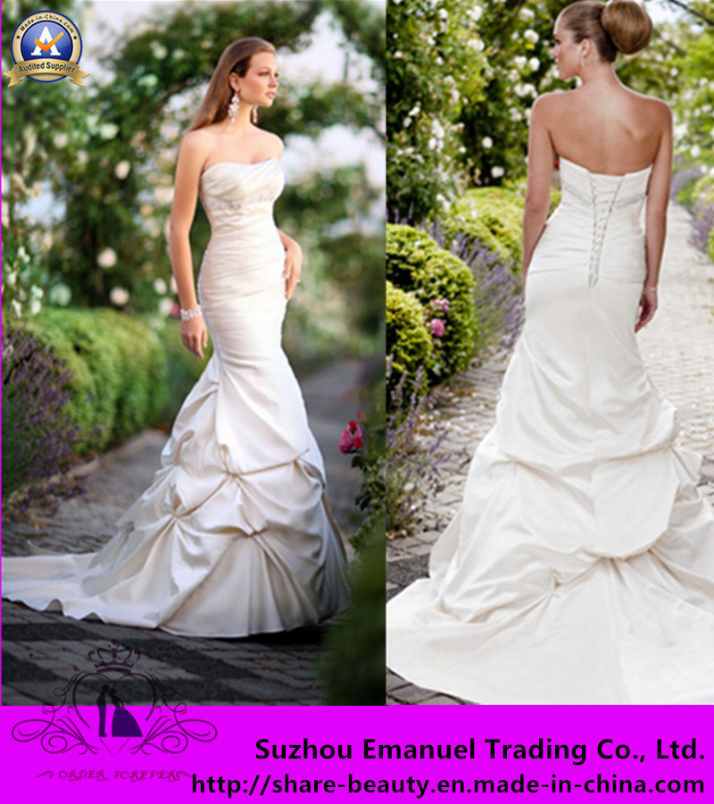 2014 New Mermaid Satin Wedding Dresses Strapless Beading Draped Lace-up Court Train White (w023)