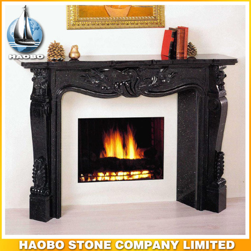 Antique Carved Black Galaxy Granite Fireplace Surround
