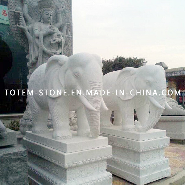Granite Stone Carving Animal Statue, White Elephant Sculpture for Garden