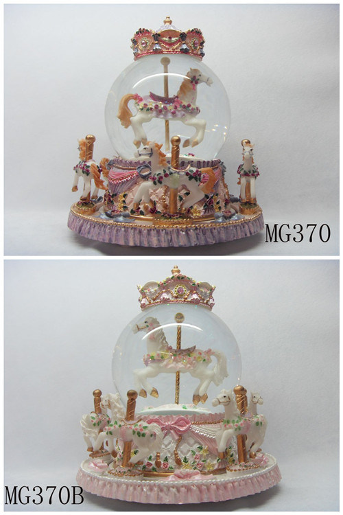 Handmade Snow Water Crystal Globe Resin 6-Horse 8 Inch H Merry-Go-Round Carousel Music Box