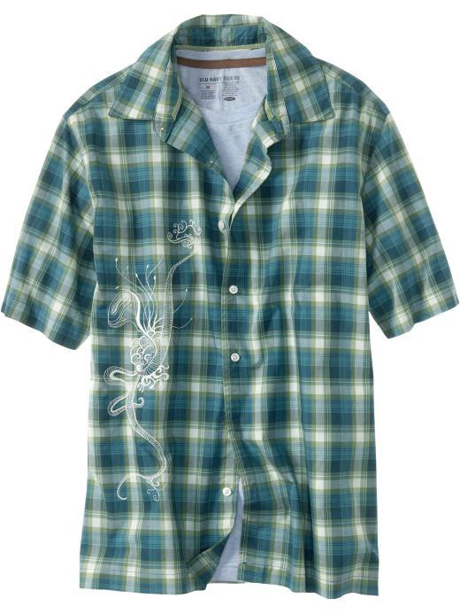 Men's Short Sleeve Check Cotton Embroidery Casual Shirt