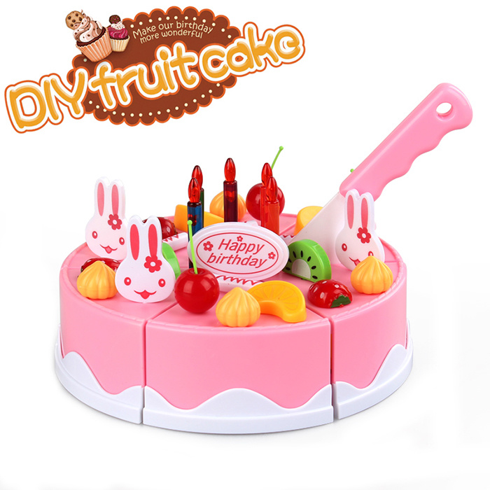 2015 Children Plastic Toys 37PCS DIY Fruit Birthday Cake Kitchen Play Set Cutting Cake Toy