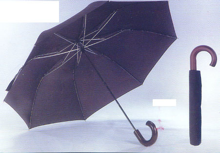 Two Fold Pongee Fabric Wooden Handle Umbrella