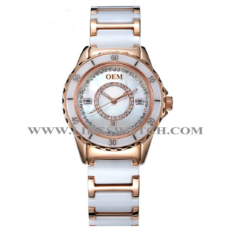 Fashion Japan Quartz Movement Ceramic Wrist Watch (68055G-W)