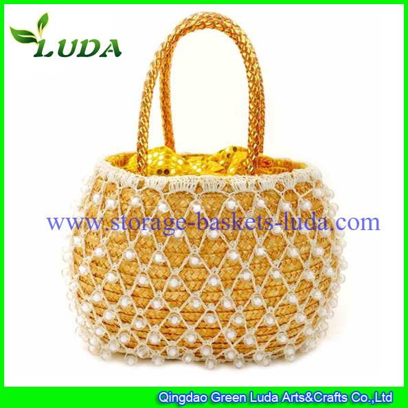 Luda 2015 Bead Decoration Elegant Wheat Straw Handbag