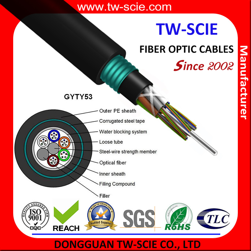 12/24/36/48/60/72/96/144/216/288 Core Gyty53 Fiber Optical Cable Stranded Armored Cable
