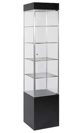 Black Square Tower Display Case with Light - Metal Framed