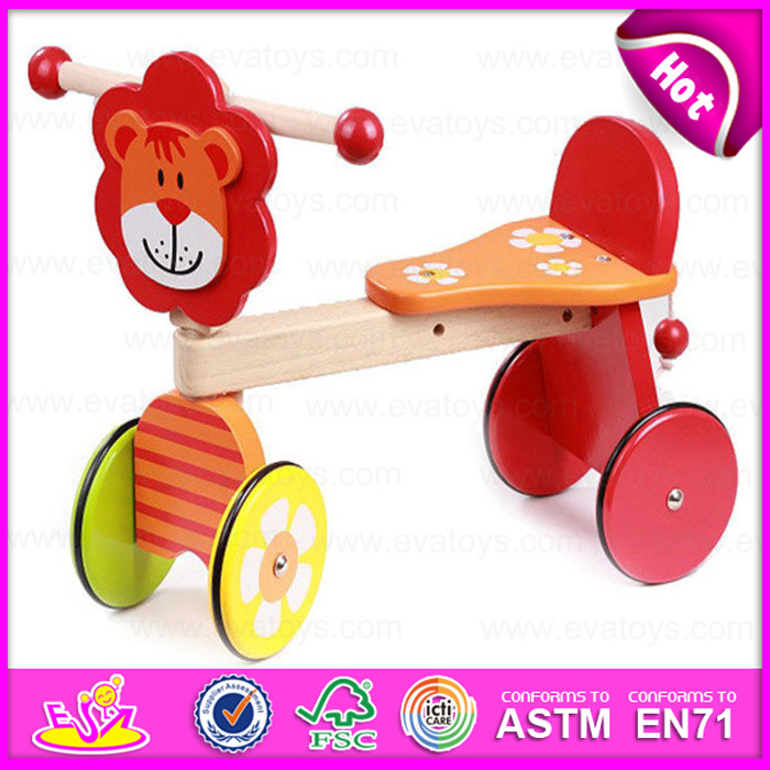 2015 Wholesale Children Baby Trike Toys, Cheap Safety Wooden Tricycle for Kids, Cute Lion Deisgn Wooden Baby Tricycle Toy W16A014