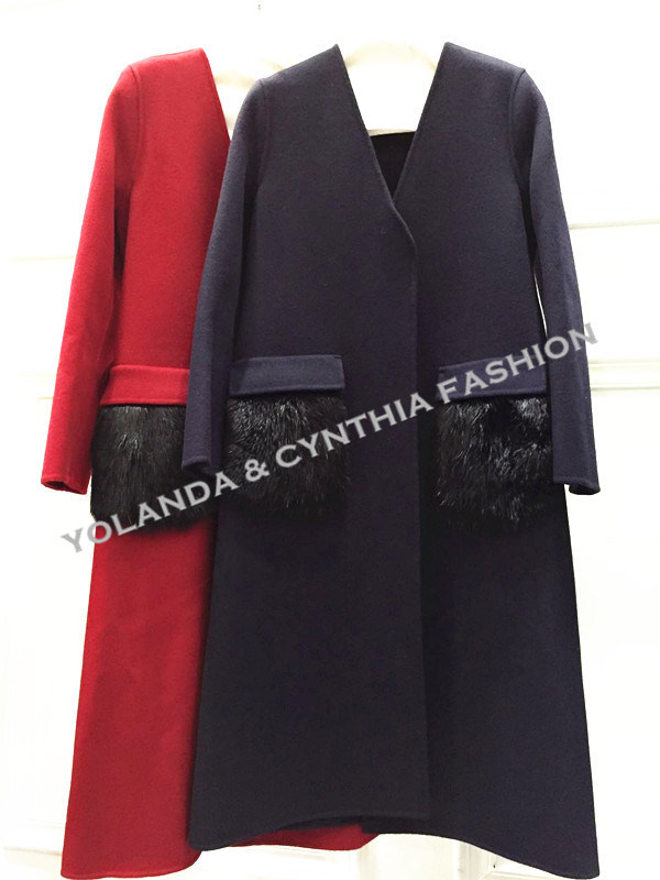 Fashion Long Women's Wool Coat/Beaver Fur Pockets 100% Wool Coat/Women's Clothing/Winter Outer Wear /Ladies Coat