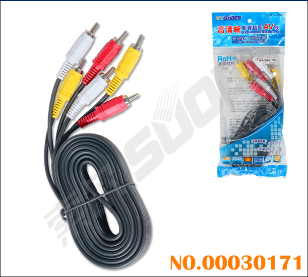 Factory Direct Sale 3m AV Cable Male to Male 3 RCA to 3 RCA AV Cable (AV-36A-3m-white-blue Packing)
