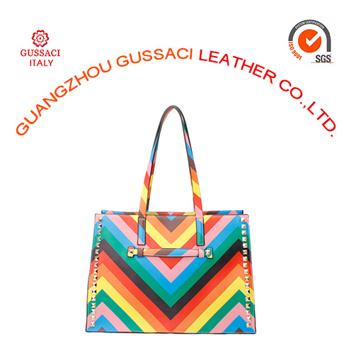 Hot Sale Rainbow Genuine Leather Metal Decoration Female Handbag
