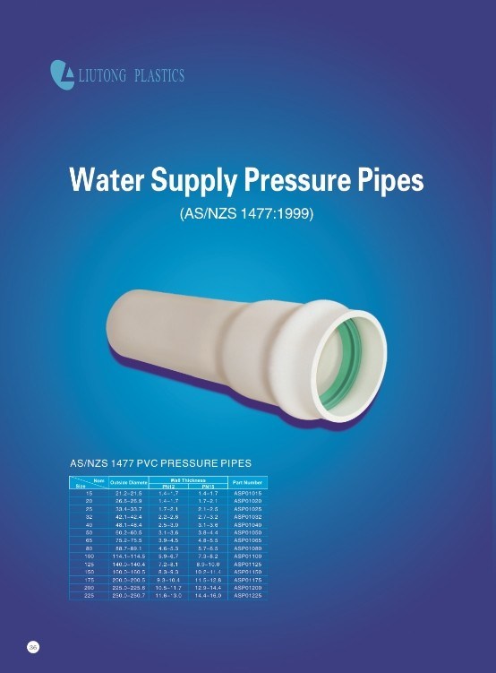 Water Supply Plastic PVC-U Pressure Pipe with AS/NZS1477: 1999 Standard
