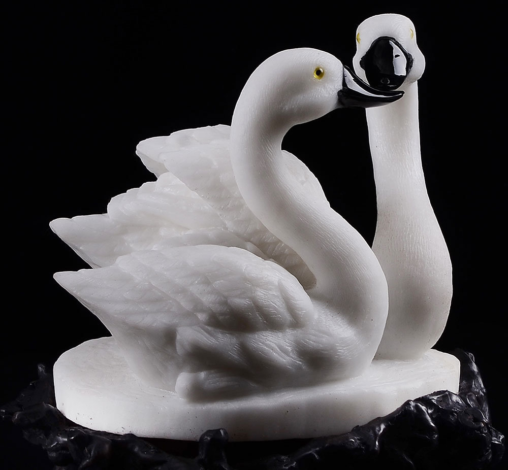 Natural White Stone Swan Couple Carved Animal Carving, Sculpture #Ae88