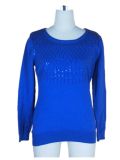 Woman Blue Crew Neck Knitted Pullover / Top / Sweater / Garment with Sequins (ML138)
