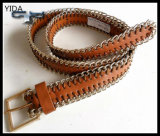 Fashion Brown Women Leather Belt with Metal Chains (YD-15225)