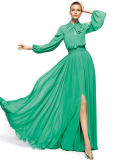 Long sleeve green chiffon evening dress