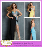 2014 Sexy Side Slit Prom Dress with Spaghetti Straps V Back See Through Bodice Crystals Chiffon and Tulle Skirt (MN1601)