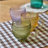 Embossed Glass Cup Elegant Retro Striped Cups with Handles Carved Glass Dessert Cups Colorful Glass Mugs