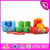 Colorful Wooden Pull Shape Block Train Toy for Kids, En71 Top Sale Pull Line Toy Vehicle Wooden Toy Train OEM W05c025