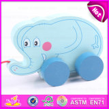 Interesting Kids Pulling Elephant with Pulley Wheel, Wooden Elephant Pull Toy Blue Wooden Gift Wholesale Toy W05b115
