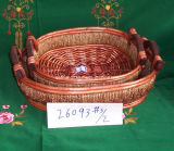 Red Round Wicker Basket Tray with Wood Ear Handles (26093# S/2)