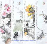 Six Feet Chinese Caligraphy Chinese Color Ink Birds and Flowers Painting