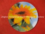 Tempered Glass Plate With Chrysanthemum Decal ,Heat Resistant Glass Plate Used for Microwave Oven