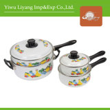 Floral Decal Enamel Cookware Milk Pot and Pan with Lid Cast Iron Casserole Set (BY-1309)