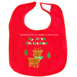 Promotional Custom Made Cartoon Deer Embroidered Cotton Red Christmas Baby Bib