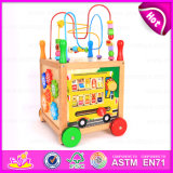 2015 Big Round Bead Multifunctional Trailer Toy, Interesting Wooden Baby Walker Toy, Wooden Walker Toy with Alphabet Rack W16e041