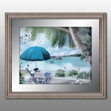 3D Sea Beach Sea Sight Painting with Mirror Border Silver Frame for Home Decoration