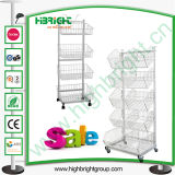 Five Tiers Wire Basket Display Stand with Wheels