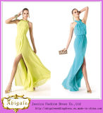 New Designer Elegant Yellow Blue Halter Sleeveless Backless Long Chiffon Evening Dresses for Prom 2014 with Sexy Slit (MN1284)