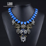Blue Big Beaded Necklace with Antique Silver Color Metal Chain