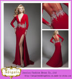 2014 Latest Designer Sexy Red V Neck Long Sleeve Evening Dress with See Through Back Long Chiffon High Side Slit (MN1426)