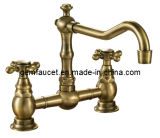 Antique Brass Double Hole Double Handle Bridge Kitchen Faucet (40256)