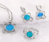 New Product 2015 High Quality Bule Opal Jewelry Set 925 Silver Pendant Ring Earrings