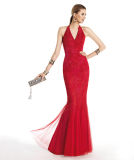 Red Bead Mermaid Lace Cocktail Prom Evening Dresses