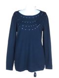 Lady Black Crew Neck Knitted Pullover / Top / Sweater / Garment with Hot Fix Rhinestones (ML142)