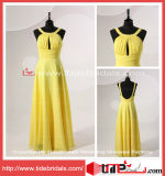 2014 New Custom Design Yellow Halter Pleat Blackless Party Gown Chiffon Prom Dress (TC06654)