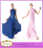 2014 Best Selling High Quality Brand Name Sheath Blue Pink Halter Backless Long Beaded Chiffon Christmas Party Dress (MN1283)