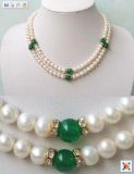 7-8mm White Pearl Green Genuine Jade 2 Rows Necklace
