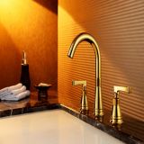 Gold Finsih Double Handles Gooseneck Faucet for Washroom