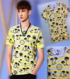 Men Yellow Printing Palm Tree Round Neck Cotton T-Shirt