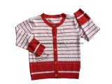 Girl's Long-Sleeve Red Striped Cardigan Sweater (KX-CG54)